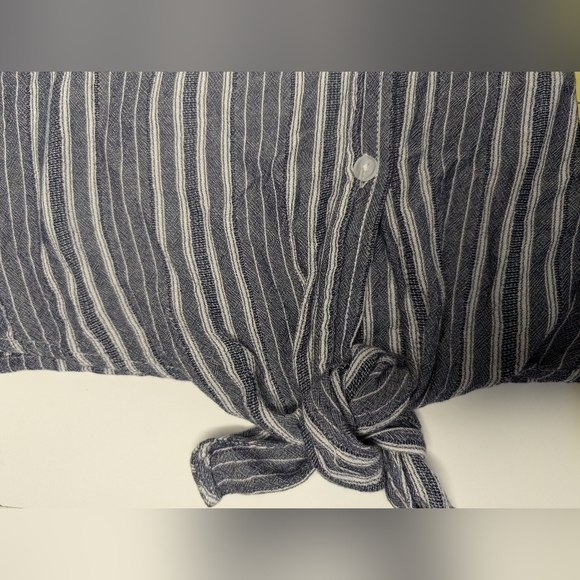 American Eagle Large Button Up Front Tie Long Sleeve Blouse Navy/Gray Stripe - Picture 13 of 13